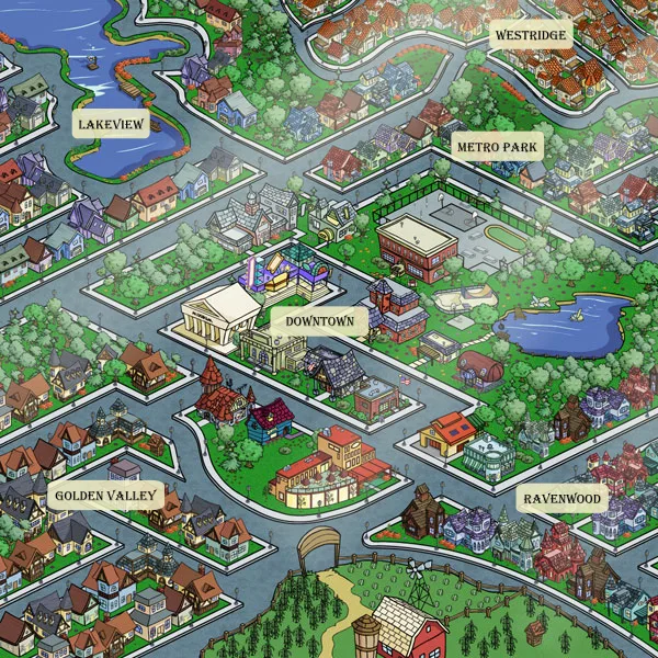 Recovered illustrated map of the Millsberry virtual world